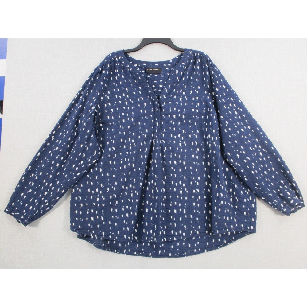 Lane Bryant Womens Plus 22 Navy Blue White Dash Print Split Neck Blouse Top